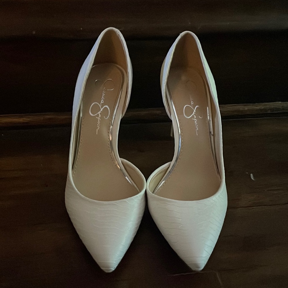 textured white Jessica Simpson heels